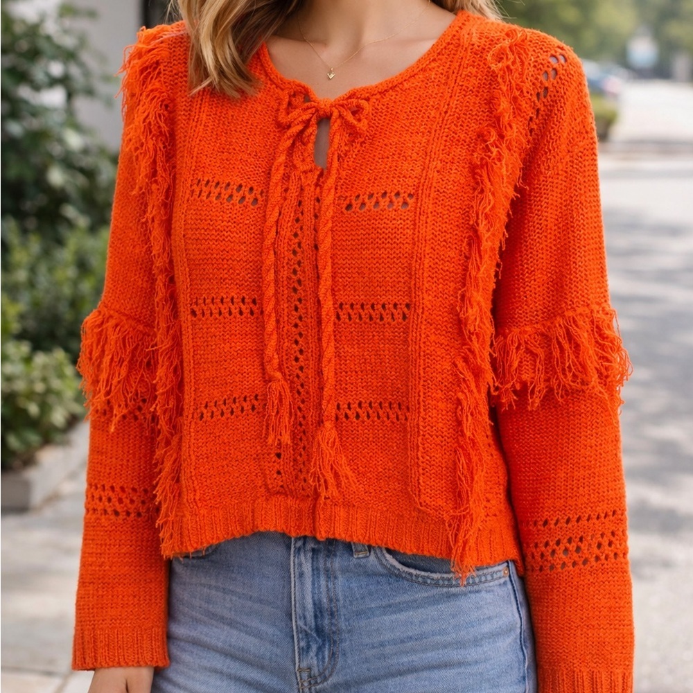 Davi & Dani Fringe Sweater Size Medium Orange Boho Knit Cropped Textured Festiva